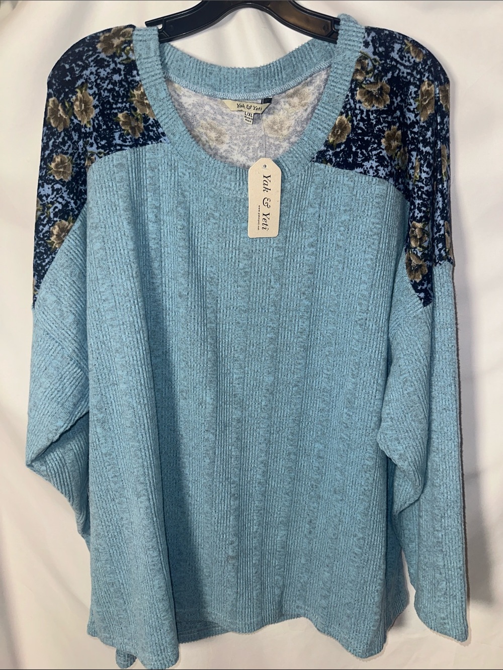 Yak & Yeti Light Blue Knit Sweater with Floral Shoulder Panels